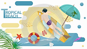 Vector illustration in a flat style on the theme of summer holidays and vacations on the shore of a tropical beach A man is