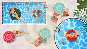 Vector illustration in a flat style on the theme of summer holidays and vacations Top view four girls in swimsuits relax in two