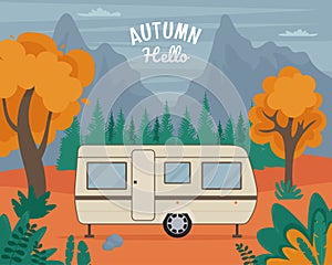 Travel Trailer in autumn. Road trip concept. Vector illustration in flat style