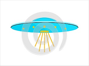 Vector illustration in flat style. Ultra violet UFO with lights. Alien space ship. Futuristic unknown flying object photo