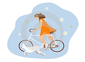 Vector illustration in flat style. a young girl in a summer dress rides a bicycle.