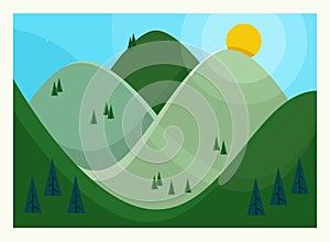 Vector illustration Flat Summer Mountains landscape with green hills and pines