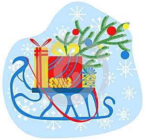 Vector illustration of flat, unusual sledge on which there are gifts and a branch of a Christmas tree with toys.