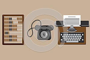 Vector illustration of flat vintage typewriter, old wooden abacus, old phone.