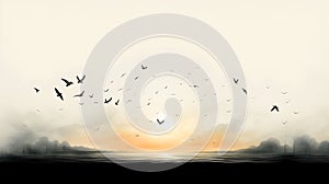 Vector illustration of a flock of birds flying among the lake and forest