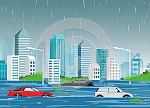 Vector illustration of flood natural disaster in cartoon modern city with skyscrapers and cars in water. Storm in the