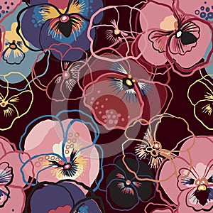 Vector illustration of floral seamless pattern. Blue, red, yellow, purple flowers on a dark burgundy background. Drawing