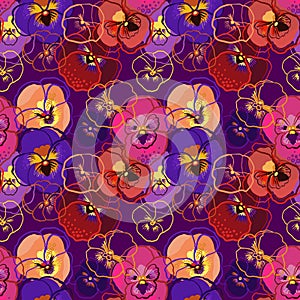 Vector illustration of floral seamless pattern. Pink, red, yellow, purple flowers on a dark background. Drawing watercolor and