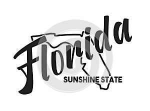 Vector illustration of Florida. Nickname Sunshine State. United States of America outline silhouette. Hand-drawn map of US