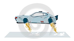 Vector illustration of a flying car taking off. Cartoon sports flying car with jet engines. Represents futuristic transportation.