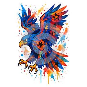 Vector illustration of a flying eagle with vibrant graffiti pop art style patterns, stars and bold paint splashes in blue, red and photo