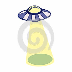 Vector illustration of a flying saucer, bright light from a space ship.