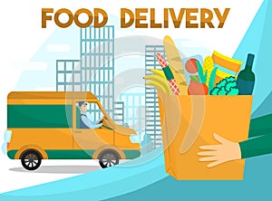 Vector illustration of the Food delivery. Driver on the truck or van. Online shopping service at the store and supermarket.