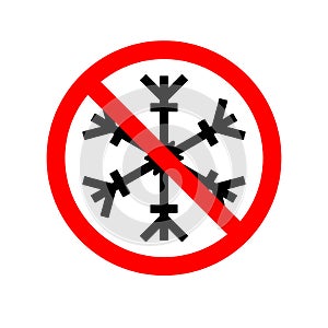 Vector Illustration of a forbidden signal with a snow flake. Red prohibitory sign. No snowflake. No frozen. Stop symbol