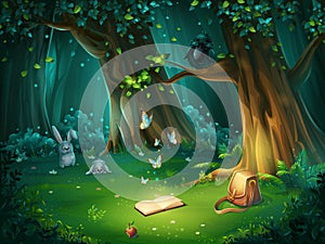 Vector illustration of a forest glade with raven and book