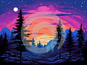 vector illustration of a forest landscape with pine trees and stars at sunset