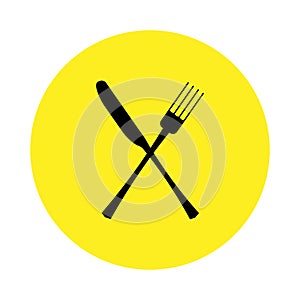 Vector illustration. fork and knife cross icon on yellow circle on white background. Restaurant menu icon