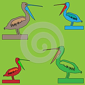 Vector illustration of four birds pelican with open beaks of different colors