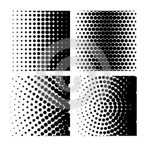 Vector illustration with four different halftone patterns. Halftone dots black and white backgrounds vector. Set of