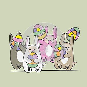 Vector illustration of four rabbits. Funny character for easter graphic greeting card resources.
