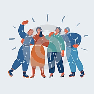 Vector illustration of Four women stand side by side together. Strong and brave girls support each other and feminist