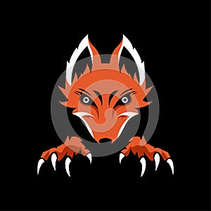 Vector illustration, Fox head Logo Template with two forelegs, isolated on black background