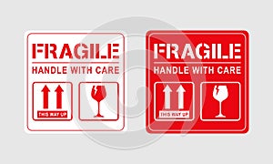 Vector illustration of Fragile, Handle with Care or Package Label stickers set. Red and white colour set. Banner format