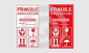 Vector illustration of Fragile, Handle with Care or Package Label stickers set. Red and white colour set. Banner format