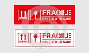 Vector illustration of Fragile, Handle with Care or Package Label stickers set. Red and white colour set. Banner format