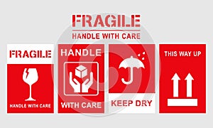 Vector illustration of Fragile, Handle with Care or Package Label stickers set. Red and white colour set. Banner format