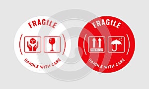 Vector illustration of Fragile, Handle with Care or Package Label stickers set. Red and white colour set. Circular shape banner