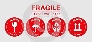 Vector illustration of Fragile, Handle with Care or Package Label stickers set. Red and white colour set. Circular shape banner
