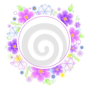 Vector illustration of a frame in the shape of a circle of pink, blue and purple flowers.