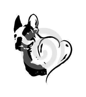 Vector illustration of french bulldog and heart. Dog logo.