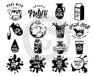 Vector illustration of fresh dairy milk logos, stamps for milky natural product