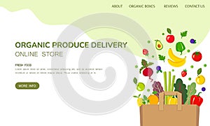 Vector illustration fresh organic food delivery website template. Brown paper bag with vegetables fruits berries