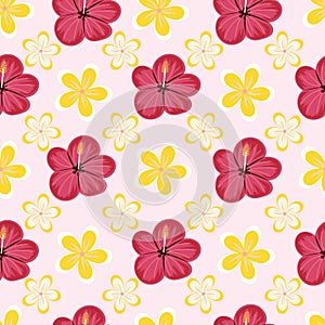 Vector illustration of fresh tropical flowers seamless repeat pattern on a light pink background.