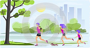 Vector illustration of friendly family running in city Park, man, woman, child and dog doing outdoor sports, flat design
