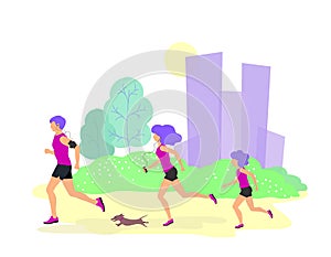 Vector illustration of friendly family running in city Park, man, woman, child and dog doing outdoor sports