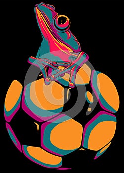 vector illustration Frog mascotte on a soccer ball on black background
