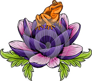 vector illustration of frog sits on a water lily flower