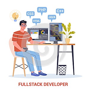 Vector illustration of a full stack developer working on computer.