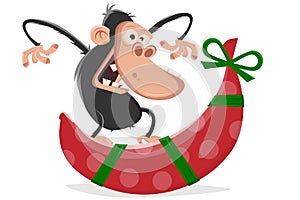 Vector illustration of a funny cartoon ape getting a banana for christmas