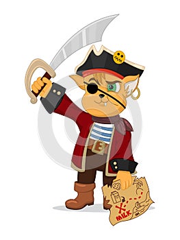 Vector illustration of funny cartoon cat pirate with a treasure map and a saber. Design for print, emblem, t-shirt, party decorati