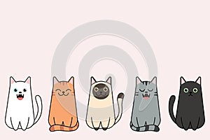 Vector illustration of funny cartoon cats breeds set. Cats collection, Vector silhouette of cats on pink background