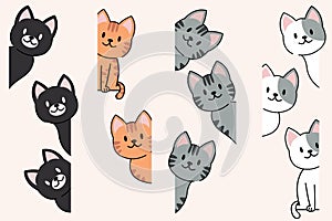 Vector illustration of funny cartoon cats, Collection of cat faces that spy on you. Vector silhouette of cats on cream background