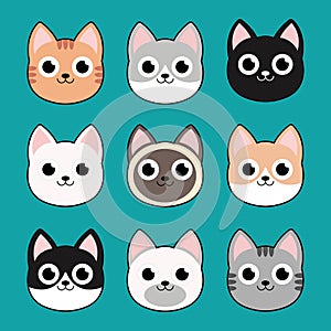 Vector illustration of funny cartoon cats, Collection of Cats heads emoticons