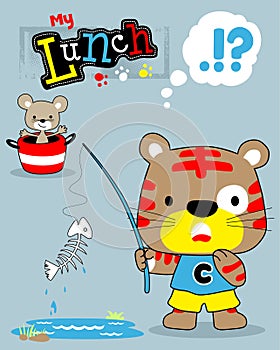 Vector illustration of funny cat fishing catching fish bone, little mouse on bucket