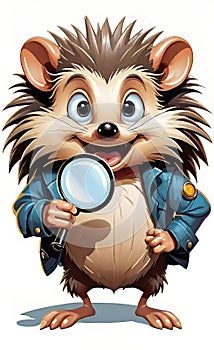 vector illustration, funny cheerful flat logo of a hedgehog with a magnifying glass, isolated on a white background