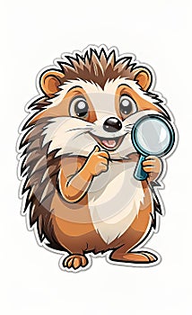 vector illustration, funny cheerful flat logo of a hedgehog with a magnifying glass, isolated on a white background
